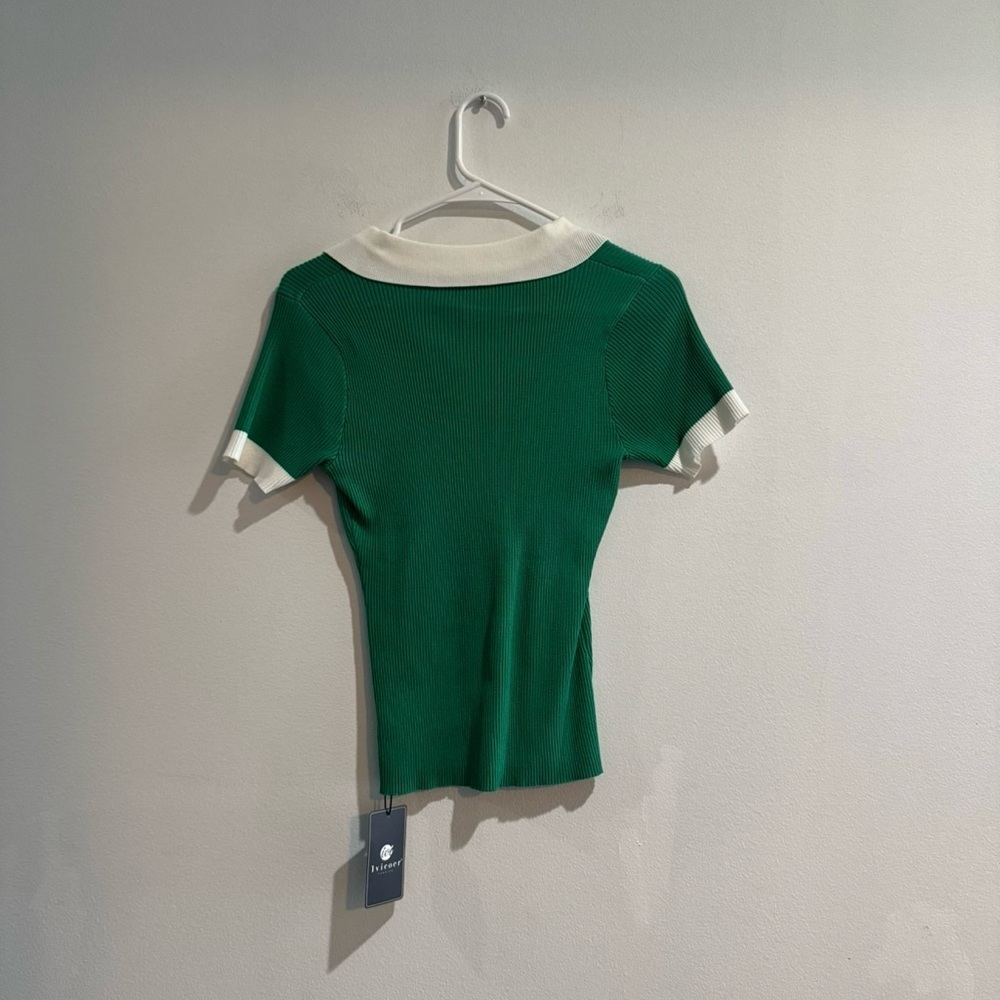 NWT Green & White Ribbed Collared Sweater Top | Slim Fit Knit | Small - Picture 4 of 4